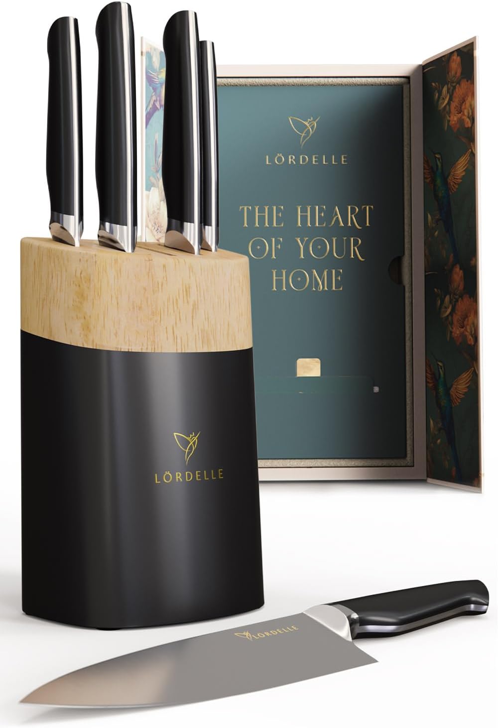 LORDELLE Knife Block Set - 5 Piece Set - Black Vintage Ink - Lifestyle Home Kitchen Design - German X50 Stainless Steel - ABS Handle - Ash Wood Block - Cooking Chef Knife, Santoku, Paring, Utility