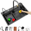 Kitchen Waterfall Sink Stainless Steel Single-Bowl Bar Prep Sink -Coated Workstation Sink with Waterfall Pull-Down Faucet and Cplete Accessory Set (Color : Black, Size : 68x45x21cm)