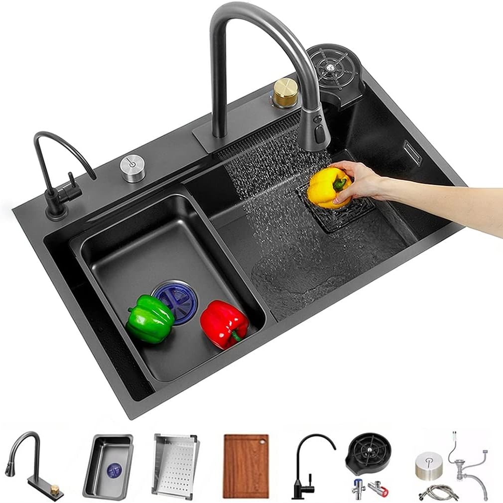 Kitchen Waterfall Sink Stainless Steel Single-Bowl Bar Prep Sink -Coated Workstation Sink with Waterfall Pull-Down Faucet and Cplete Accessory Set (Color : Black, Size : 68x45x21cm)