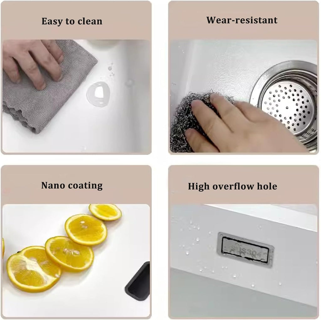 Hidden Sink with Cover Liftable Faucet White Single Bowl Sink Stainless Steel Sink with Cup Washer Bar Sink (