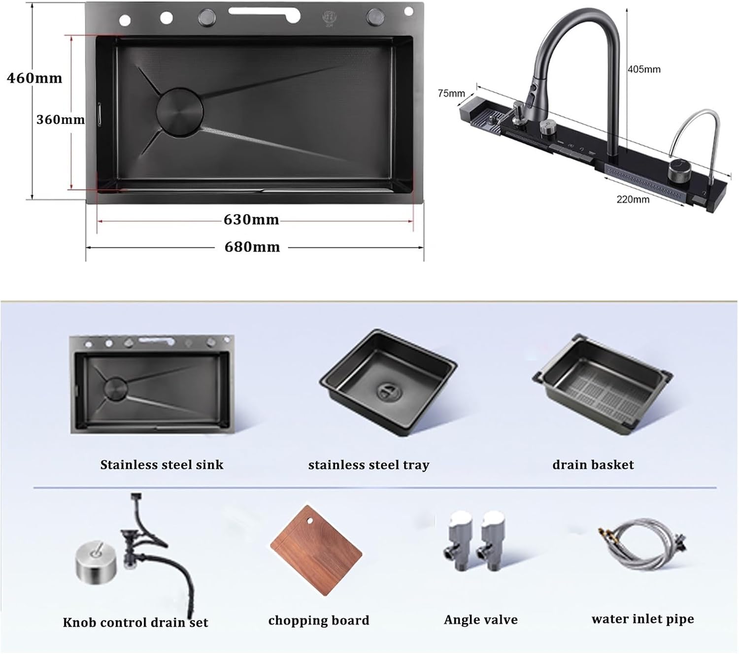 Stainless Steel Sink Black Kitchen Sink Digital Waterfall Faucet Single Bowl Sink with Cup Washer Knob Controlled Drainage (68x46x22cm