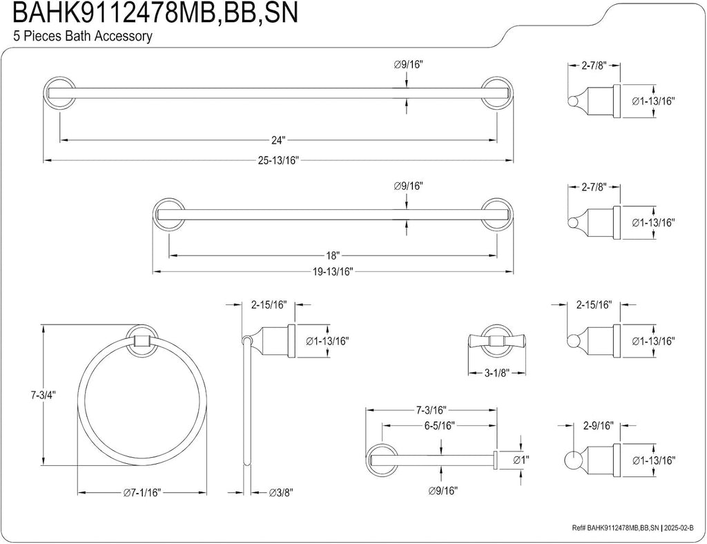 Kingston Brass BAHK9112478MB Mathsson 5-Piece 18-Inch and 24-Inch Towel Bars Bathroom Accessory Set in Matte Black