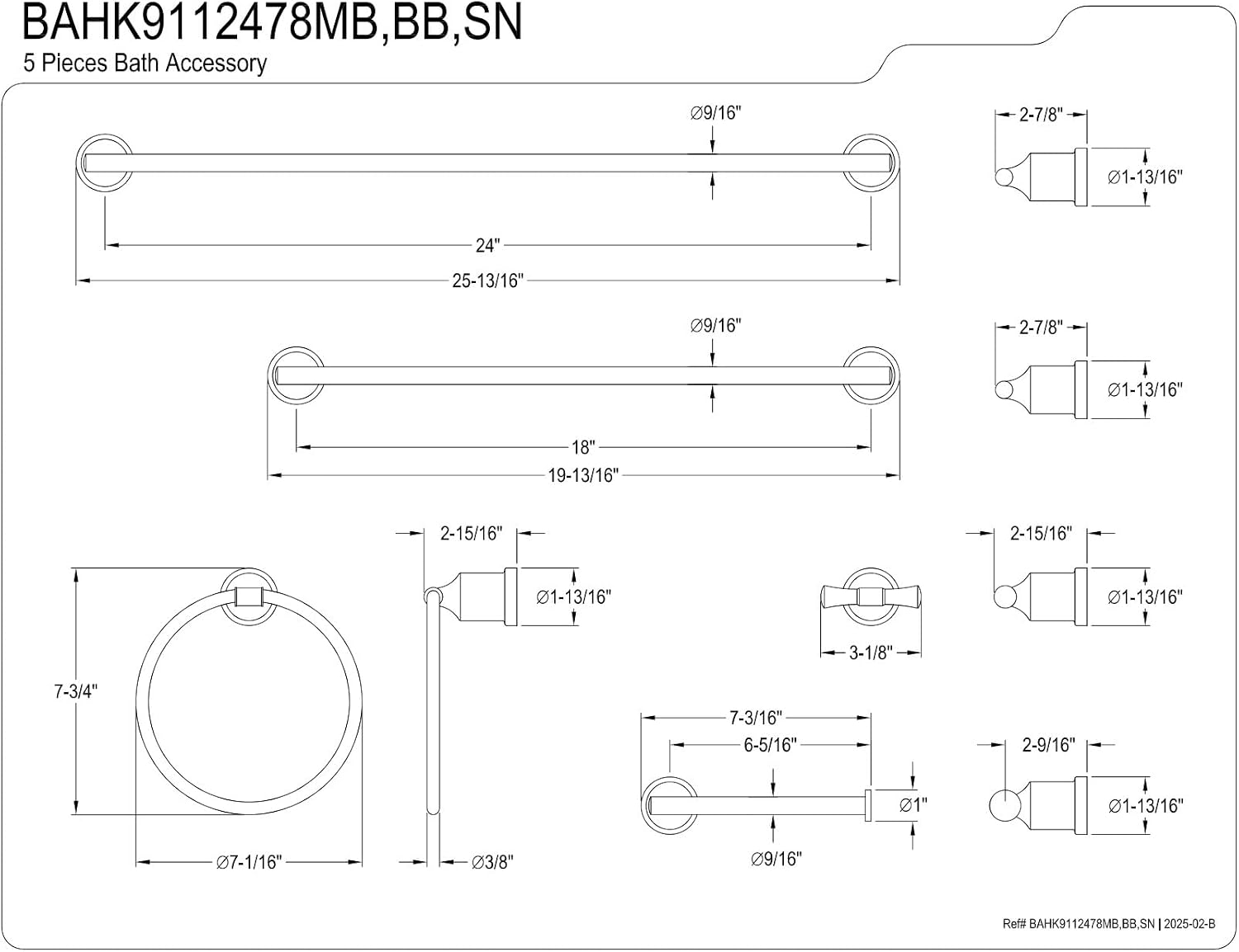 Kingston Brass BAHK9112478MB Mathsson 5-Piece 18-Inch and 24-Inch Towel Bars Bathroom Accessory Set in Matte Black