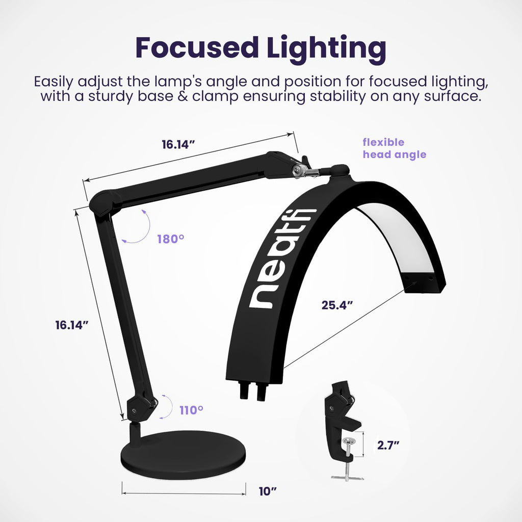 Neatfi Half Moon LED Table Lamp for Estheticians – 2,500 Lumens | CCT Dimming, 5 Light Modes | Professional Task Lamp for Nail Art, Facials, Threading & Tattoos (Black, CCT with Base and Clamp)
