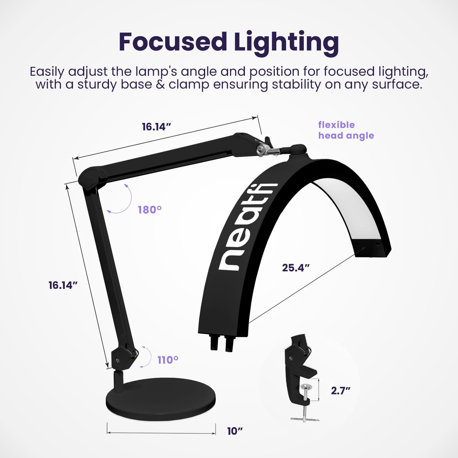 Neatfi Half Moon LED Table Lamp for Estheticians – 2,500 Lumens | CCT Dimming, 5 Light Modes | Professional Task Lamp for Nail Art, Facials, Threading & Tattoos (Black, CCT with Base and Clamp)