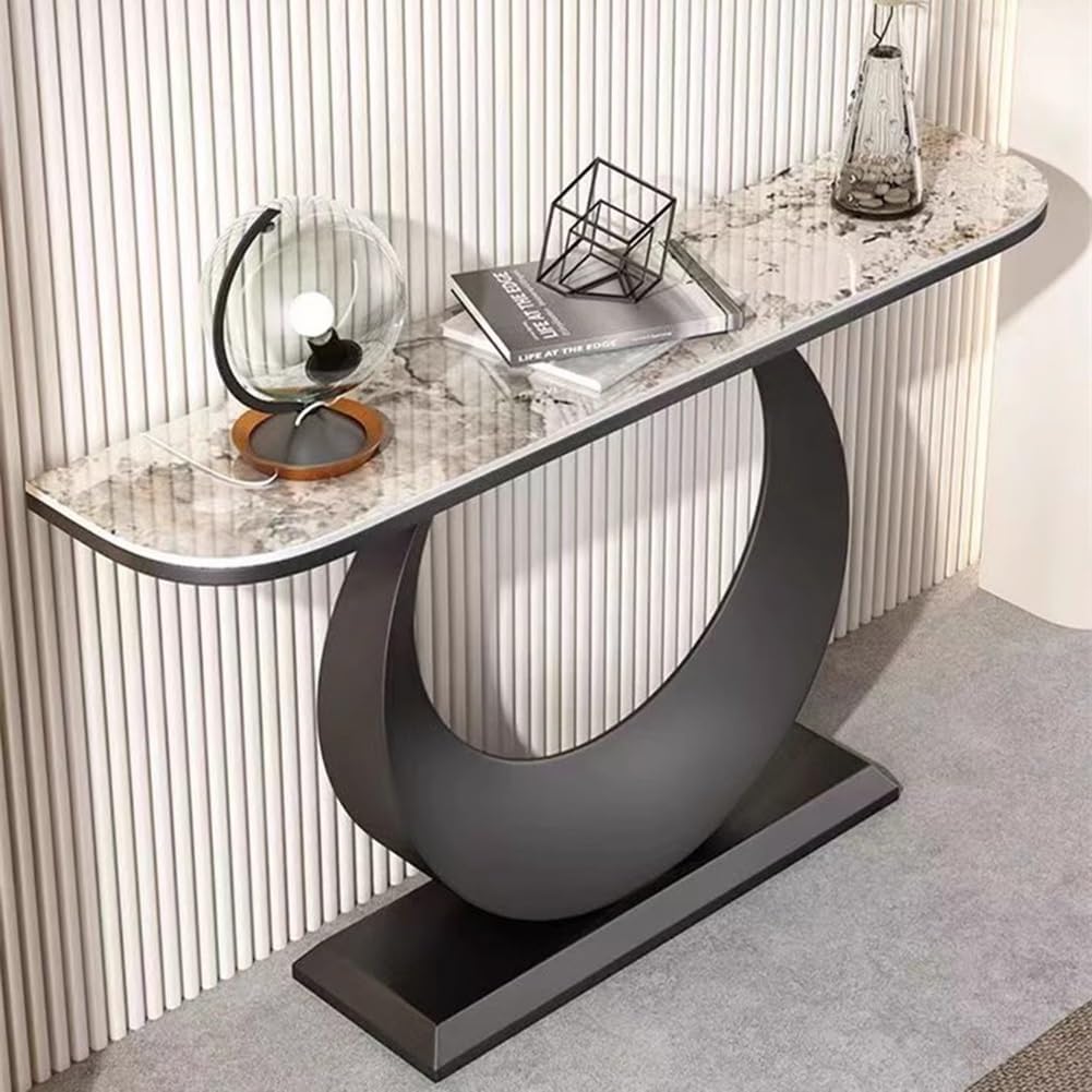 GRRICEPL Console Table with Circle Base, Slate Side Table, Living Room Sofa Side Table, Metal Frame Bedroom Bedside Table(Black-C,150X30X80 CM)