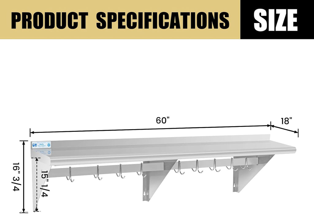 Hally Stainless Steel Shelf with 9 Hooks 18' x 60' Wall Mounted Pot Rack 450lb, NSF Commercial Floating Shelving for Storage Hanging Pots, Pans, cookware in Restaurant, Kitchen, Home and Hotel