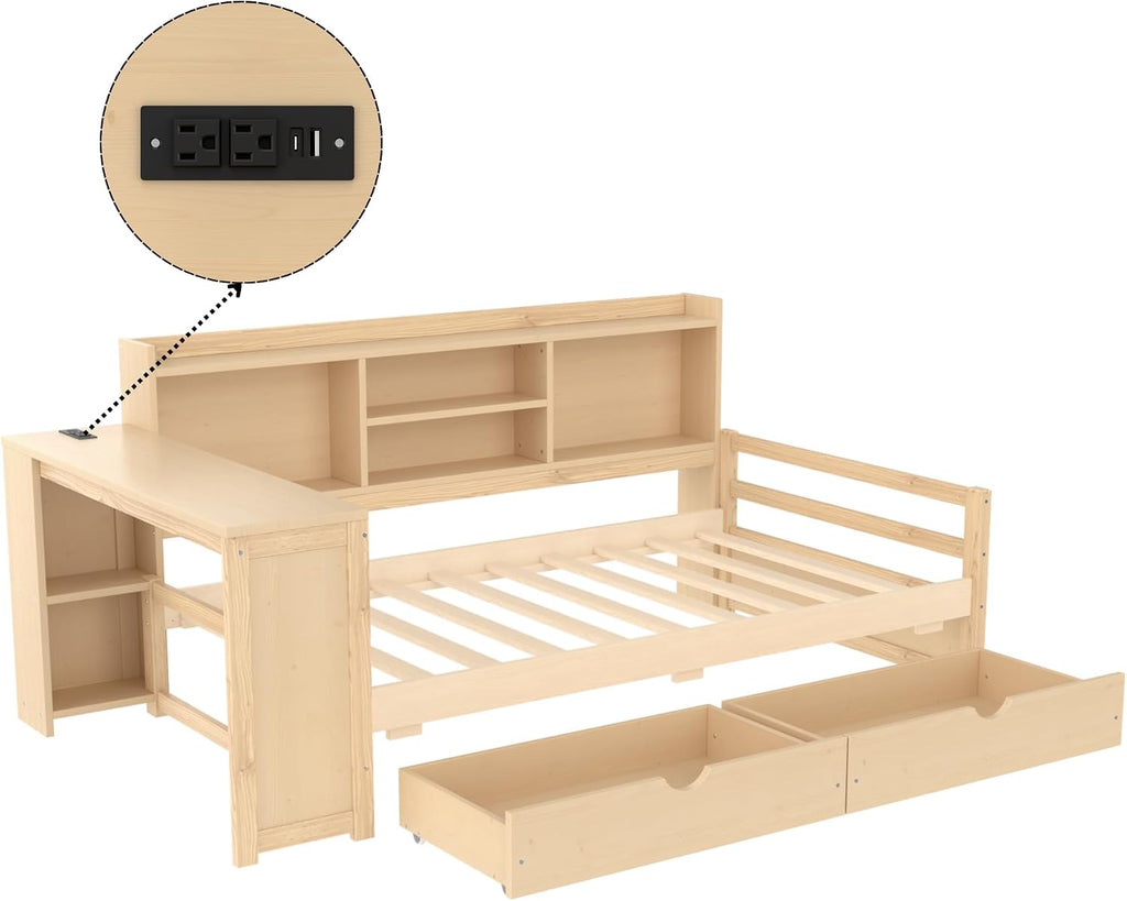 Bellemave Twin Corner Bed Frame with Desk and Storage Shelves,Charging Port, Wood Twin Size Daybed with Bookcase and Drawers, Natural Color