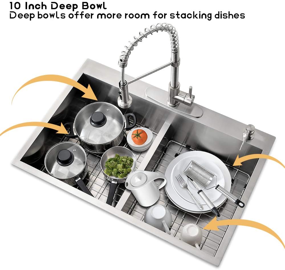 33 Inch Double Bowl Drop In Kitchen Sink-Bokaiya 33x22 Stainless Steel Drop-In Sink Kitchen Top Mount 16 Gauge Deep 50/50 Low-Divide Over Counter Double Bowl Kitchen Sink with Rack&Grid
