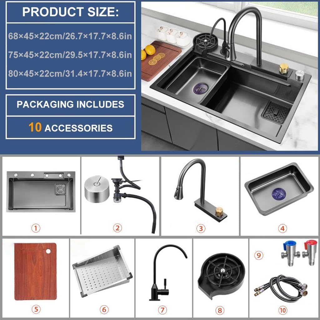 Kitchen Sink Stainless Steel Waterfall Sink with Pull Down Sprayhead Faucet Single Bowl Bar Sink Workstation Household RV Sink with Accessories (Color : Black, Size : 75x45x22cm) (Black 68x45x22c