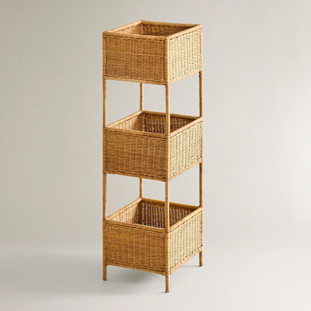 3 Tier Rattan Storage Rack, Hand-Woven Storage Shelves, Boho Basket Stand with Metal Frame, Rattan Corner Shelf for Living Room, Kitchen, Laundry, Bathroom