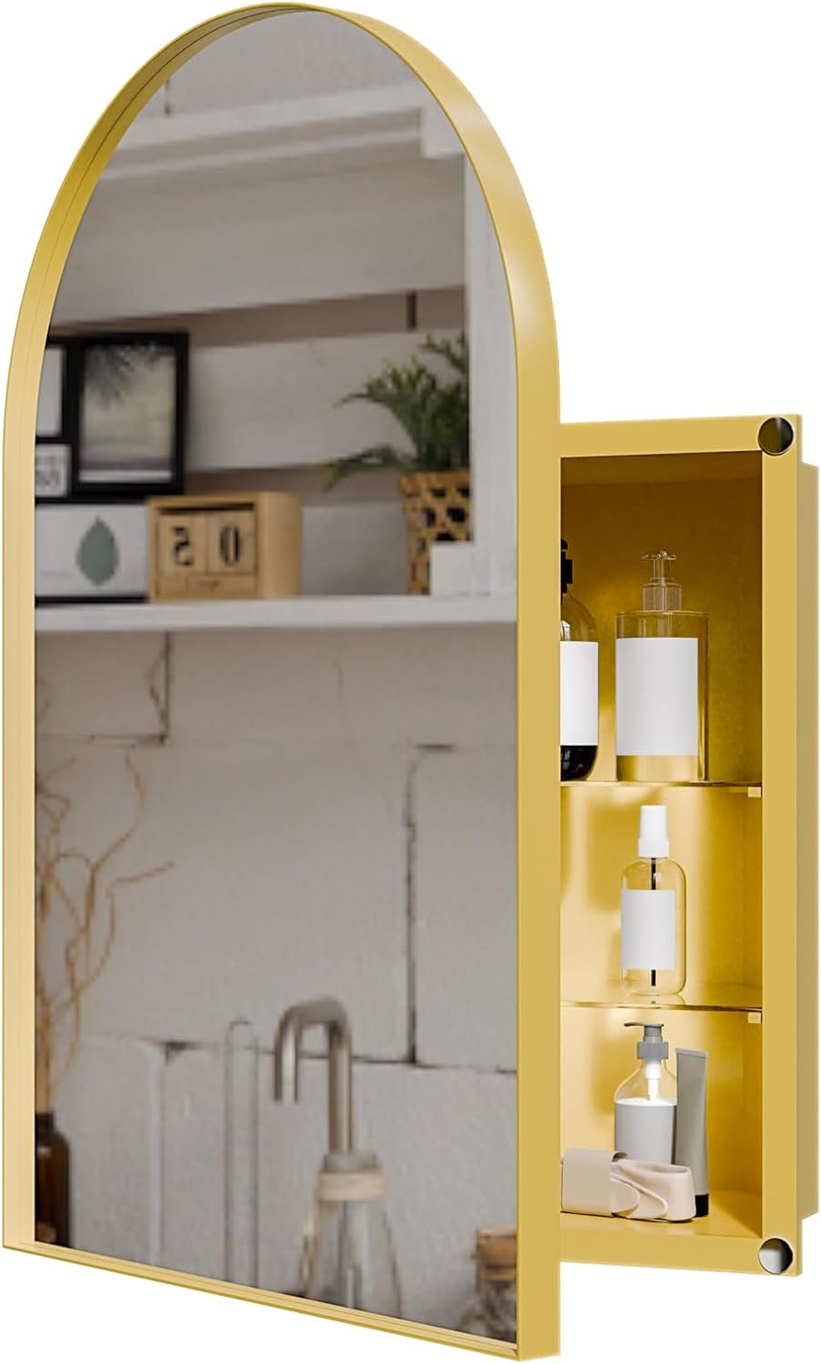 18x24 Inch Metal Corner Medicine Cabinet with Arched Mirror, Matte Gold, Adjustable Tempered Glass Shelves, Space-Saving Wall-Mounted Bathroom Storage Organizer for Small Bathrooms