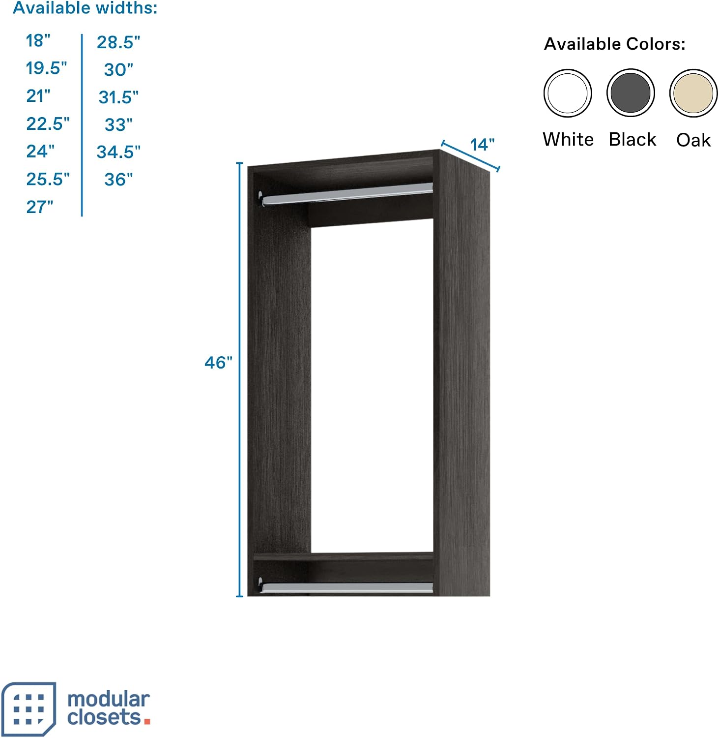 Double Hanging Closet Unit - Modular Corner Closet System - Grey, 18 inches Wide - Includes Shelves