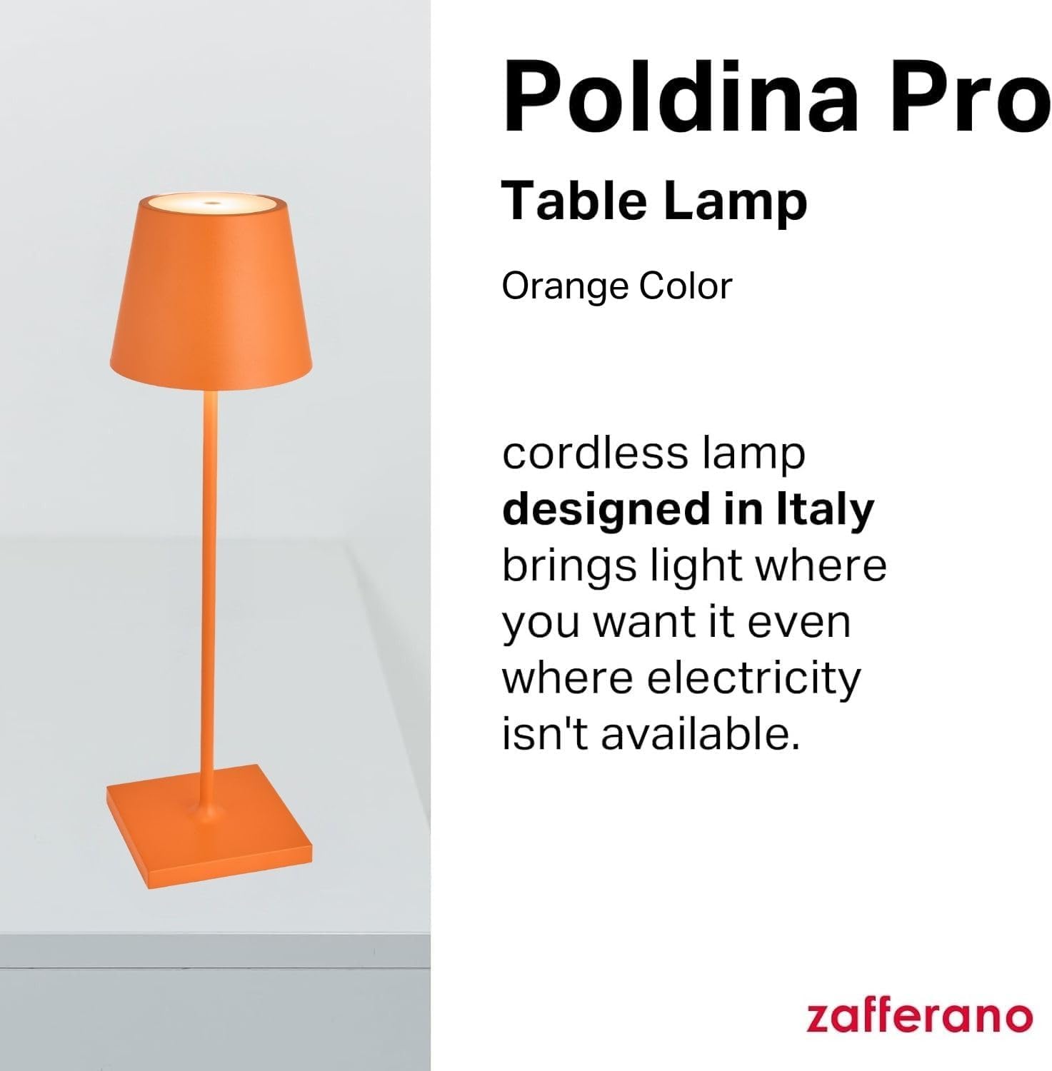 Zafferano, Poldina Pro Lamp, Rechargeable Cordless Table Lamp with Touch Controls, Suitable for Indoor and Outdoor, Dimmer, 2200-3000 K, Height 14.9 Inches, Orange Color