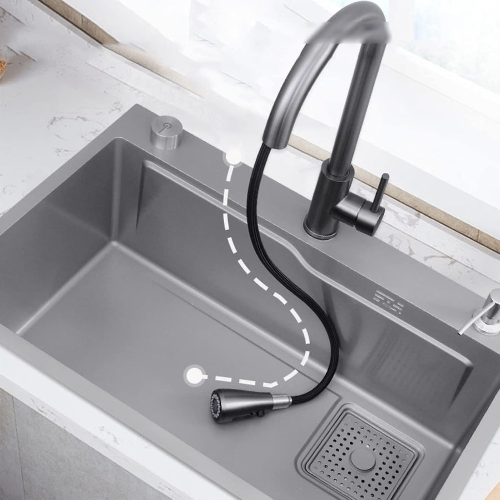 JATIBOSH Kitchen Sink Single Bowl Sink Stainless Steel Workstation with Pull-Out Faucet Dark Grey Kitchen Sink (Size : 68x45CM)