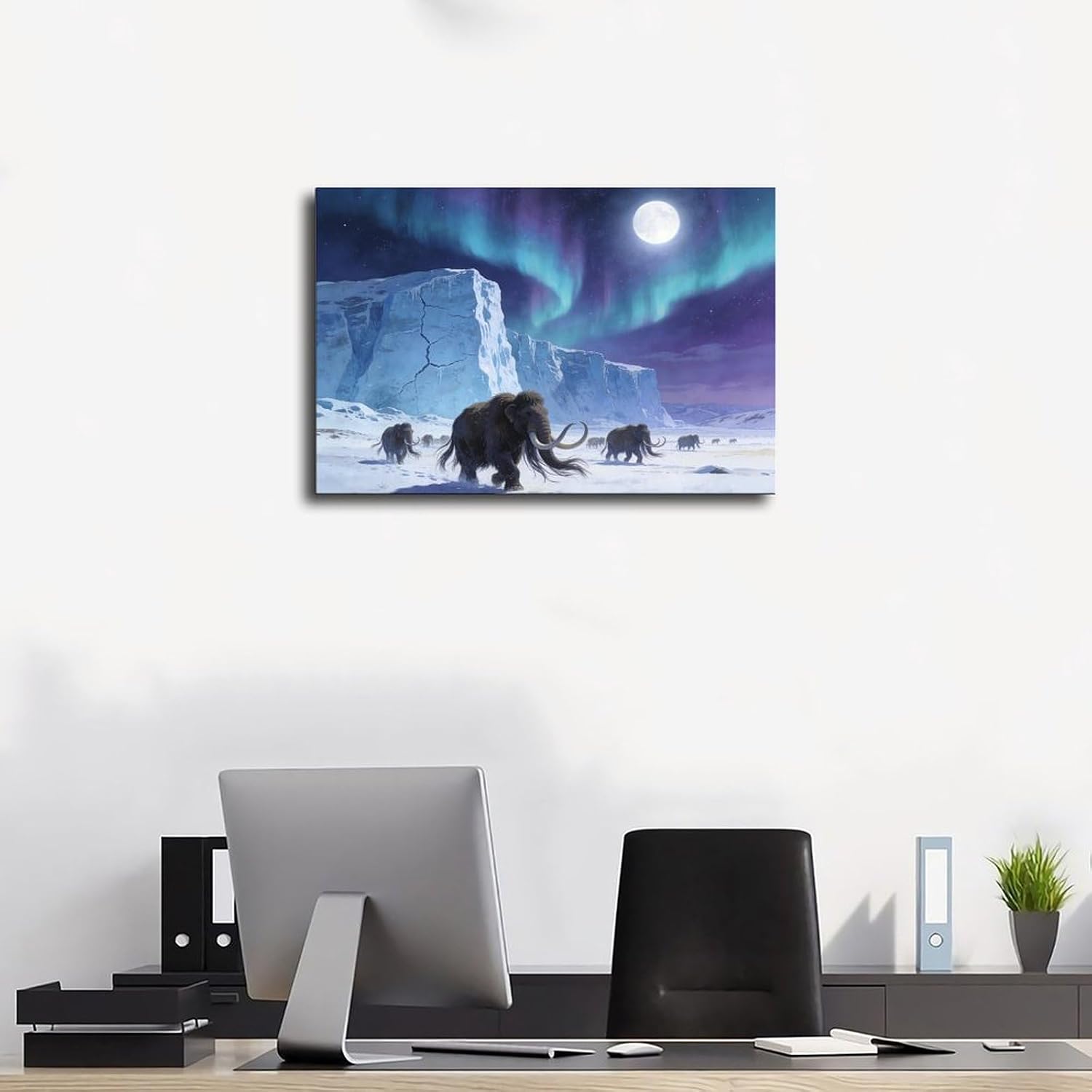 Aurora Mammoth Wall Art Print, Ice Age Prehistoric Scene Under Northern Lights And Full Moon, Fantasy Winter Poster 24x36inch(60x90cm)