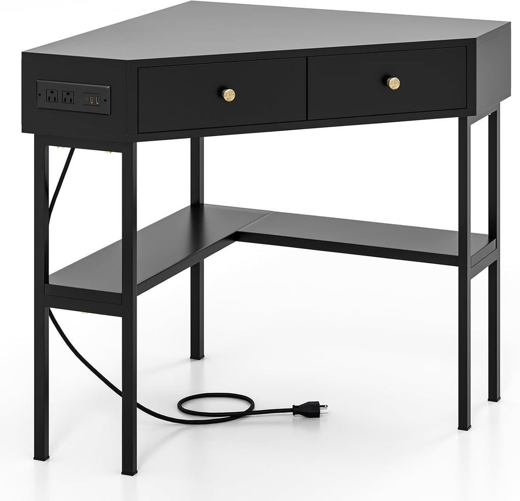 Tangkula Corner Desk with 2 Drawers & Built-in Charging Station, 90 Degrees Triangle Corner Computer Desk for Small Space, Bedroom Makeup Vanity Desk with Storage Shelves, Corner Desk (Black)