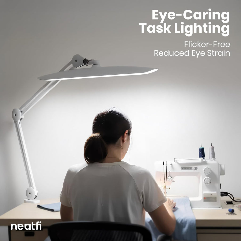 Neatfi XL 2200 Lumens 24W LED Desk Lamp – Shadow-Free Task Lighting | 4-Level Dimming | Home Office & Crafts Use | 20-Inch Wide Head (White, Non-CCT with Clamp)