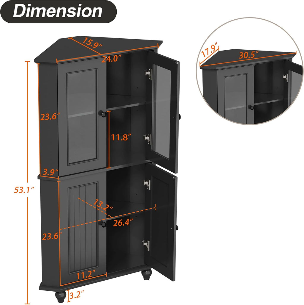 Tall Corner Cabinet with Glass Doors, Black Corner Shelf for Living Room | Tempered Glass, Painted, Adjustable Shelves, Roman Column Legs, Anti-Tipping Device, Assembly Required, Large Storage Space