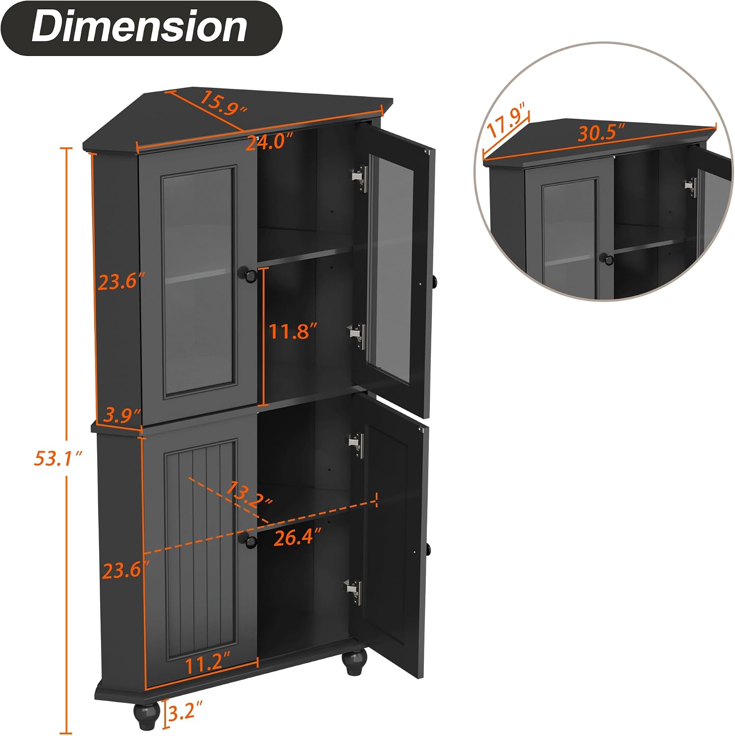 Tall Corner Cabinet with Glass Doors, Black Corner Shelf for Living Room | Tempered Glass, Painted, Adjustable Shelves, Roman Column Legs, Anti-Tipping Device, Assembly Required, Large Storage Space