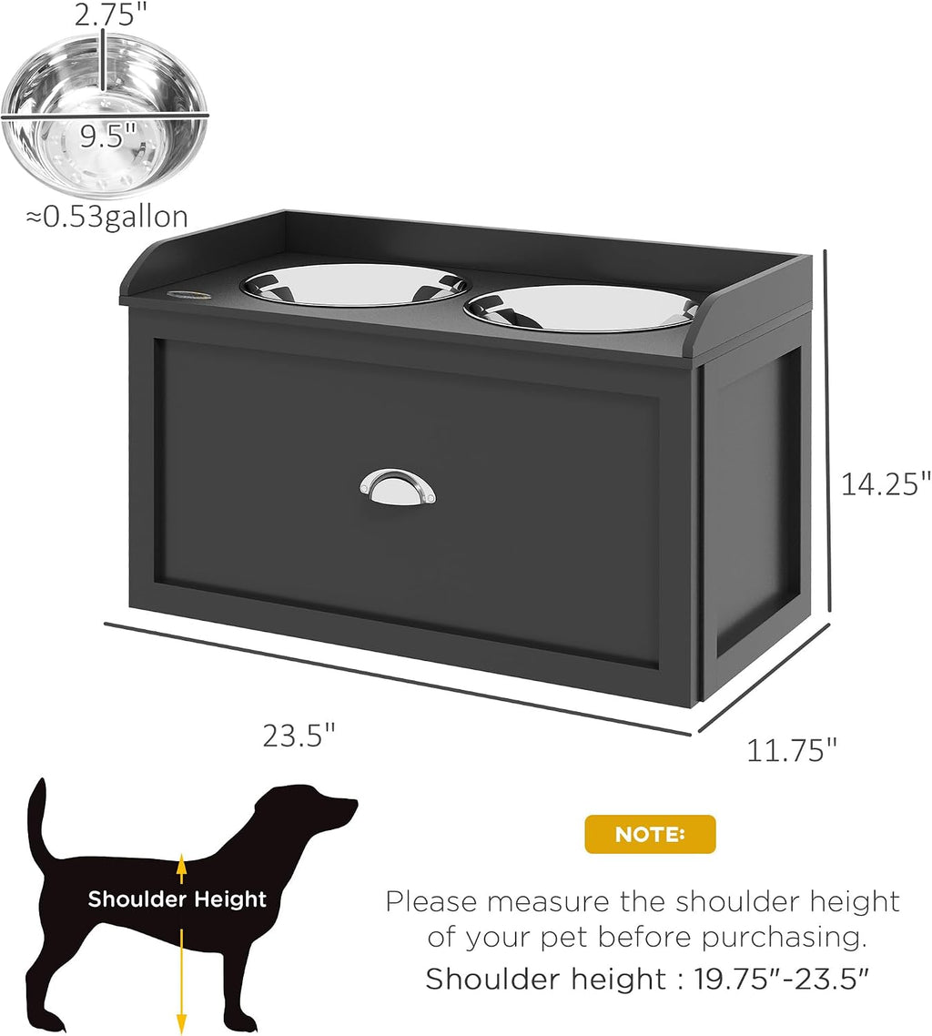 Dog Feeding Station with Storage Drawer, Dog Food Storage Cabinet with 2 Removable Elevated Dog Bowls for Large Sized Dogs, Black