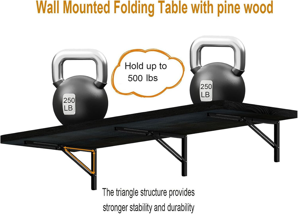 IAE Floating Wall Mounted Folding Table Desk with Pine Wood,48' x 22' Folding Workbench,Fold Down wall Mounted Foldable Desk with Shelf Brackets,Laundry Table for Home,Dining,Office,Kitchen,Black