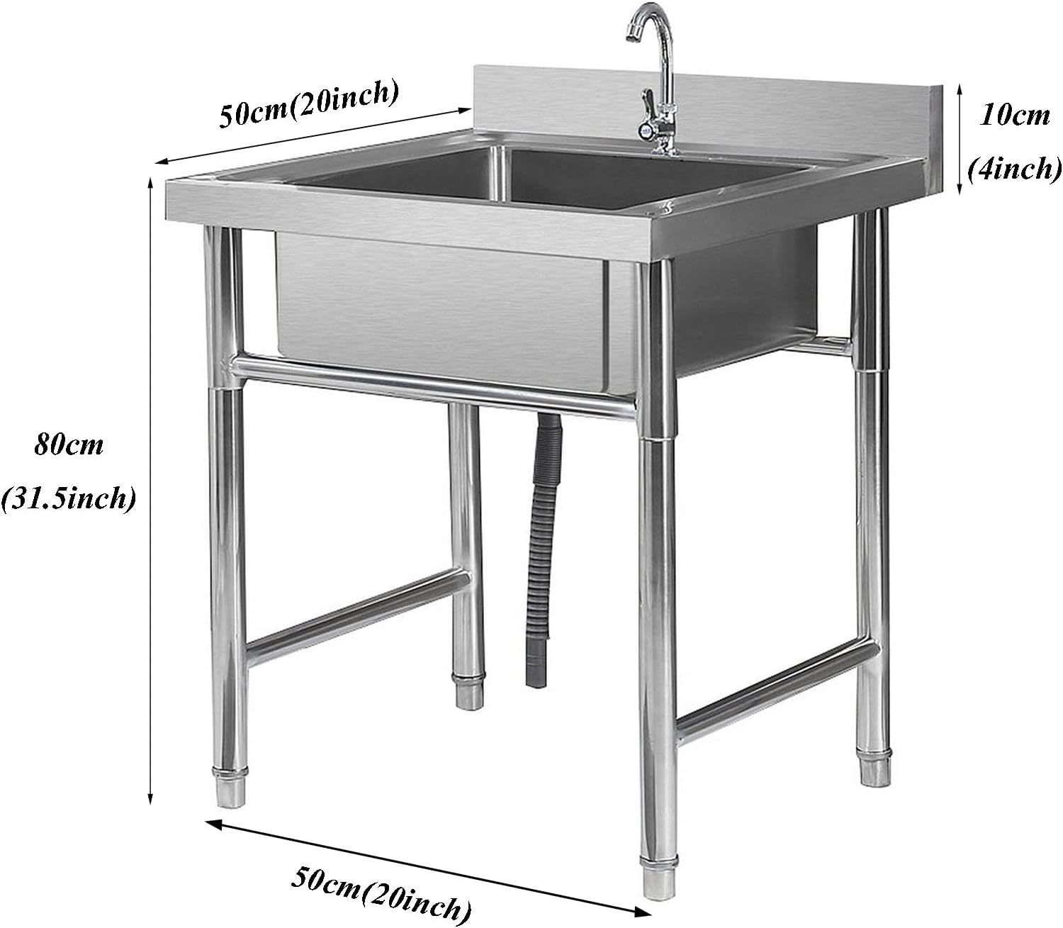 Free Standing Single Bowl Sink Stainless-Steel Commercial Restaurant Kitchen Utility Sink Set with Faucet, Washing Hand Basin Laundry Tub for Indoor Outdoor