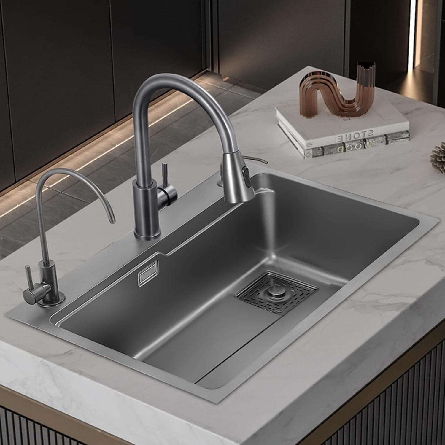 JATIBOSH Kitchen Sink Stainless Steel Round Corner Drop in Topmount Kitchen Sink Basin Undercounter Installation Single Bowl Sink (Size : 68x46cm)