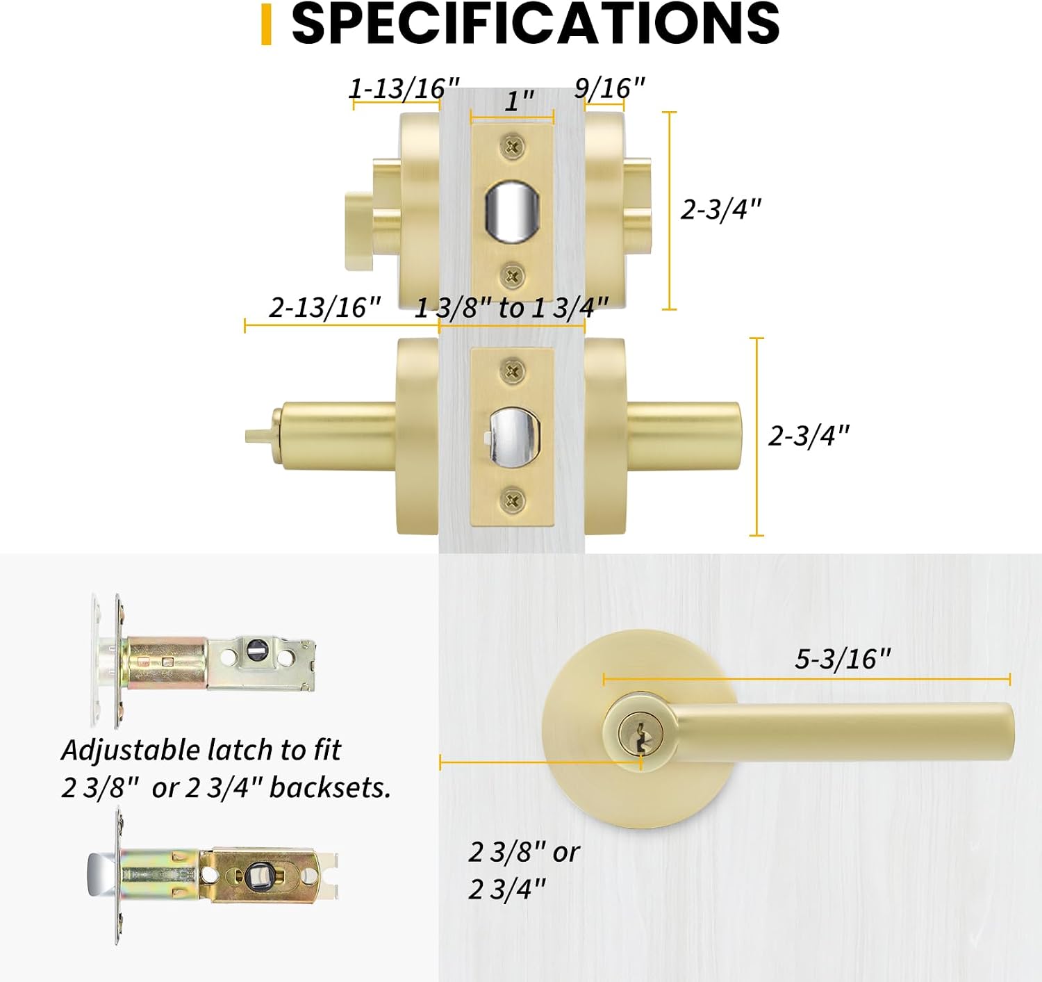 Goldenwarm Exterior Deadbolt and Keyed Entry Door Handle Set, Heavy Duty Zinc Alloy Gold Door Lever, Key Entry Front Brushed Gold Door Handle with Lock and Key(3 Pack)