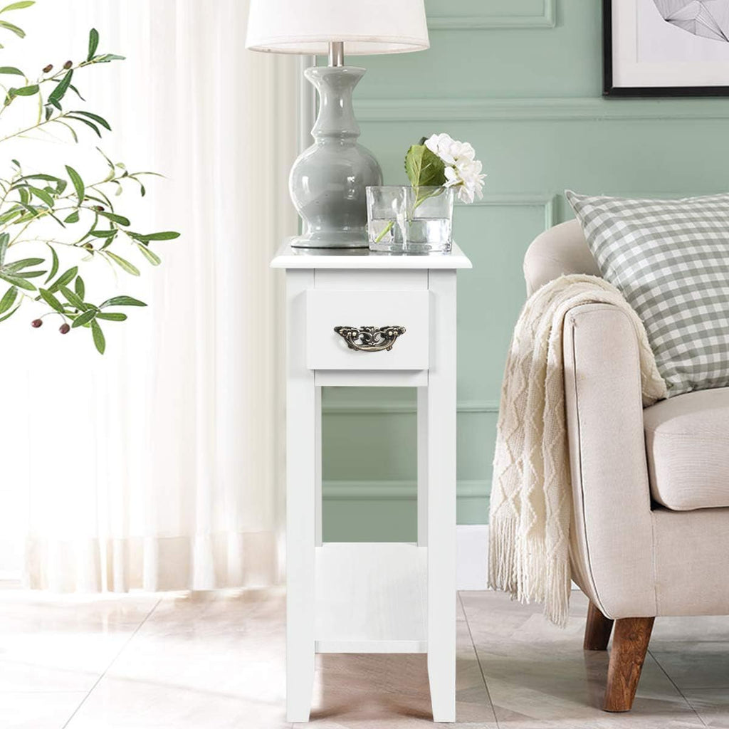 Tangkula Narrow End Table, Wood Small Side Table with Drawer & Open Shelf, Slim Nightstand for Small Spaces, Skinny Bedside Table for Living Room Bedroom, 9.8 x 23.6 x 23.6 Inches