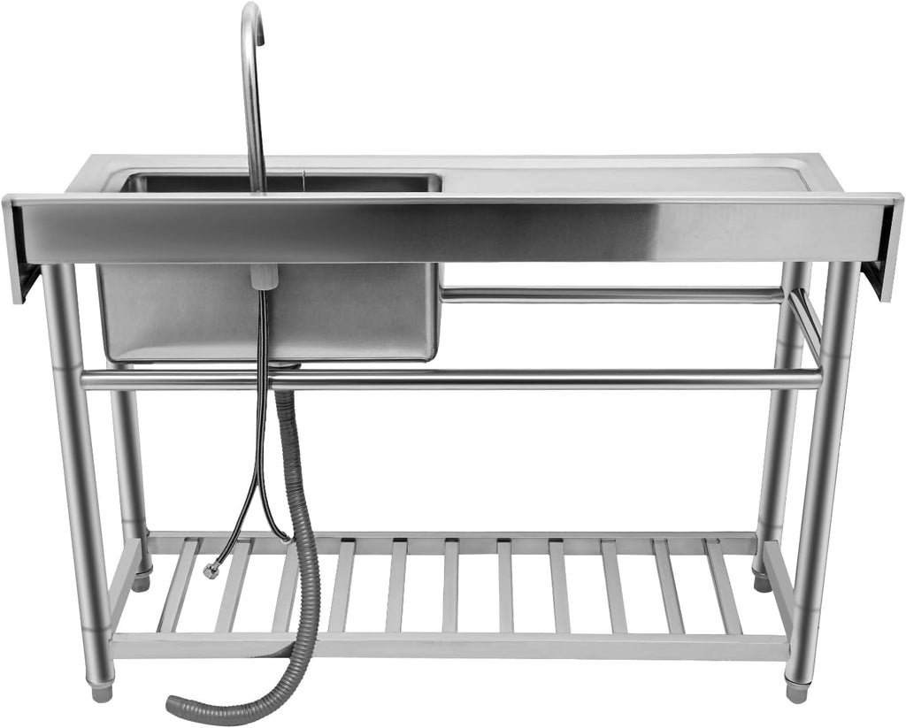 Stainless Steel Sink Single Commercial Utility Sink Free Standing Kitchen Sinks with Cold and Hot Water Faucets for Kitchens, Garage, Laundry Room (39.4'W x 19.7'D x 35.4'H)