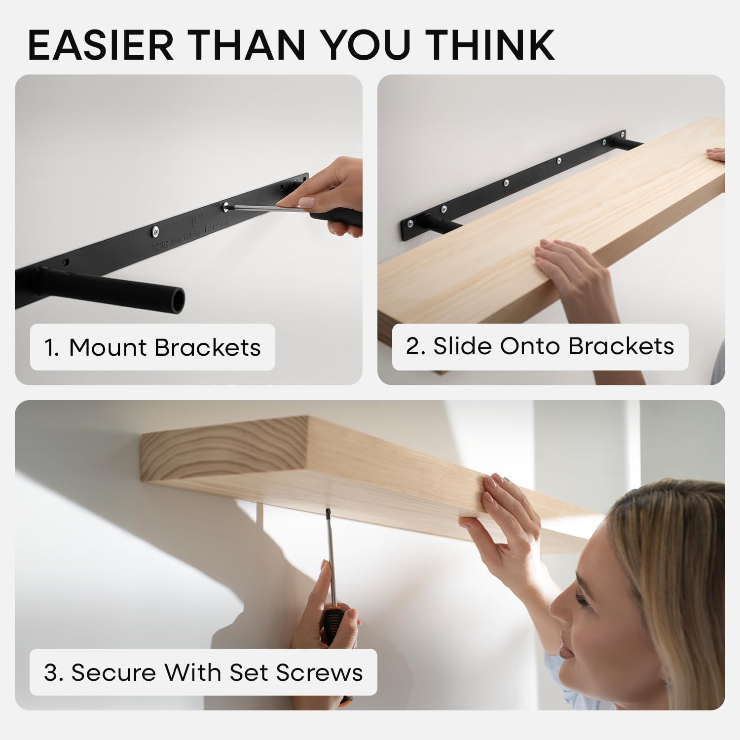 Homeforia 42 inch Wood Floating Shelf, High End Solid Natural Wood 42inch Large Floating Shelves for Wall Mounted, Unfinished Wooden Floating Shelves, Heavy Duty Bracket, 42 X 6.5 X 1.75 in, Set of 3