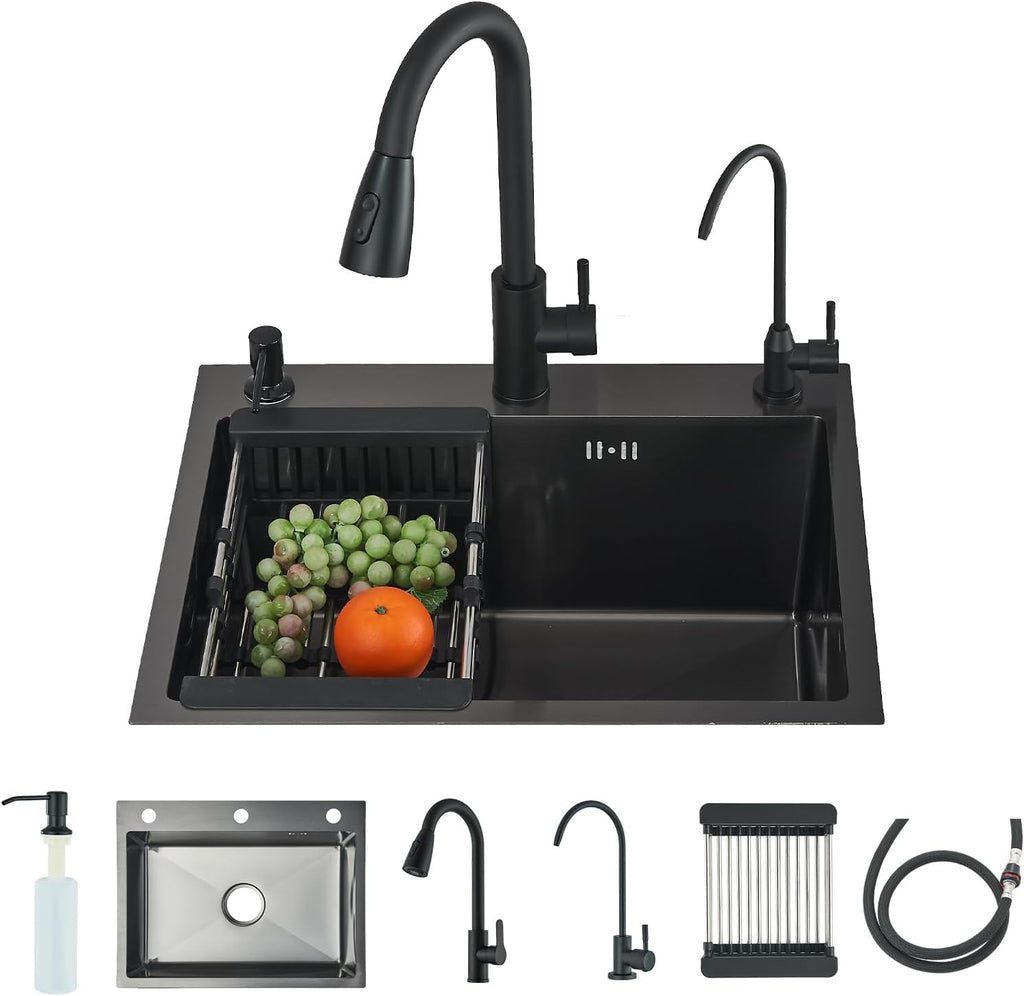Stainless Steel Kitchen Sink Black, Topmount/Undermount Single Bowl Farmhouse Workstation Sink with Drainer and Full Fittings Accessories, One Bowl Sinks for Kitchens 55 * 45cm