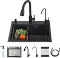 Stainless Steel Kitchen Sink Black, Topmount/Undermount Single Bowl Farmhouse Workstation Sink with Drainer and Full Fittings Accessories, One Bowl Sinks for Kitchens 68 * 45cm
