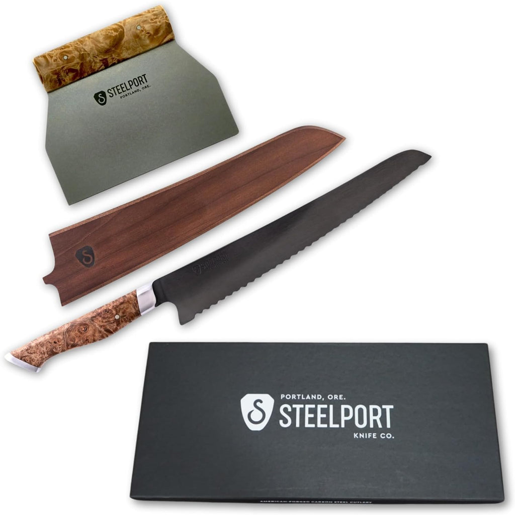 STEELPORT Bread Knife Set (3 Pcs.) – 10' Carbon Steel Serrated Bread Knife with Wooden Sheath & Stainless Steel Bench Scraper | Sourdough Tools for Professional Kitchen | Made in USA