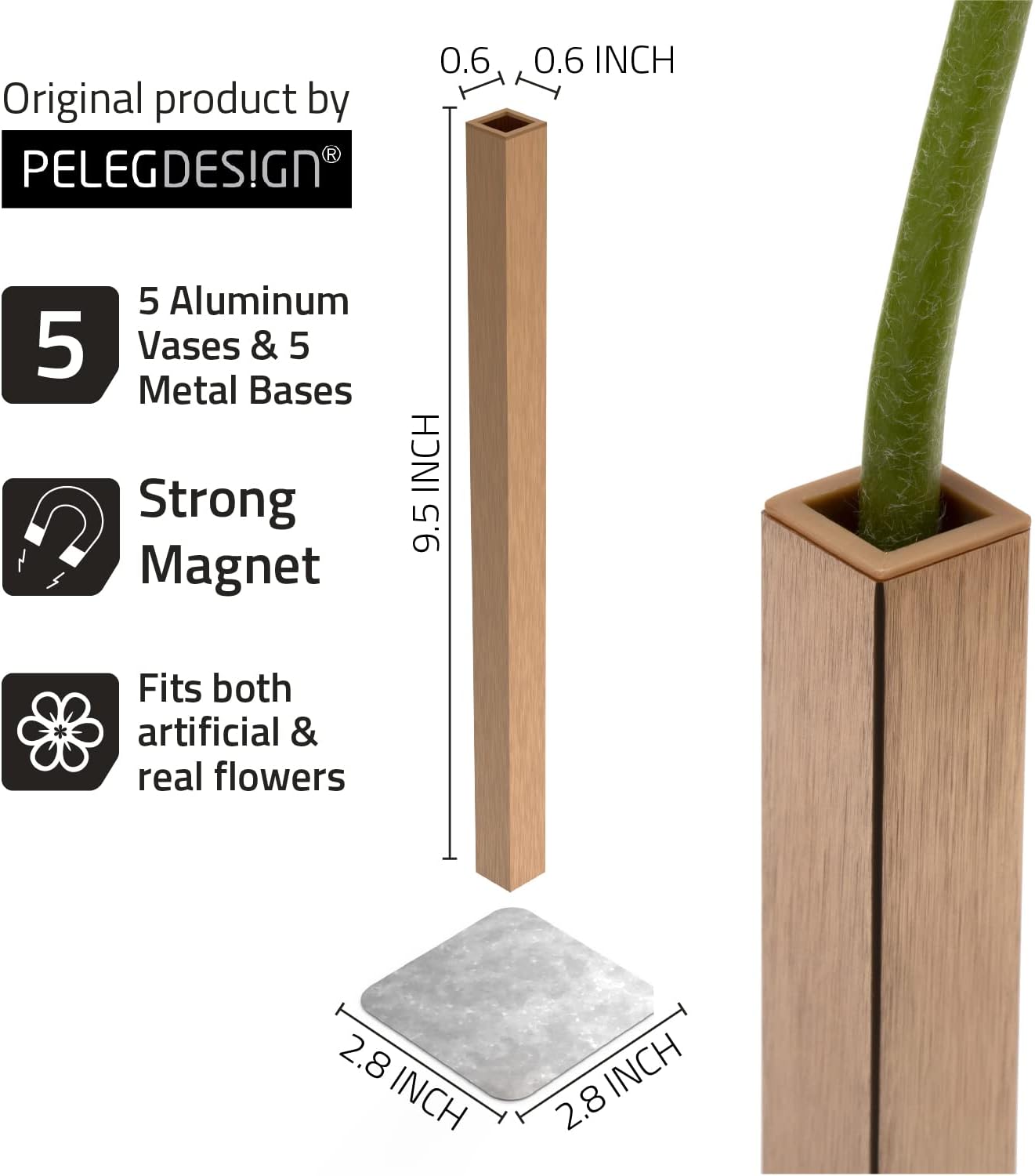 PELEG DESIGN Magnetic Bud Vase Set (Gold) - Unique Home Decor Gift & Modern Table Centerpiece - 20 Aluminum Single Stem Vases - 9.4' Tall Gravity Defying Decor