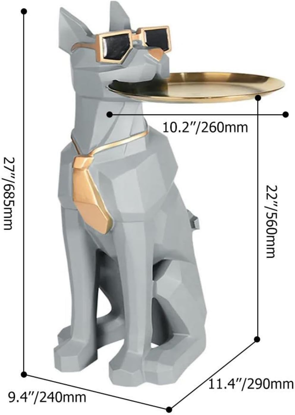 homary Modern Resin Dog Sculpture Geometric Standing Statue Cute Side Table Tray End Table with Tissue Storage (Gray)