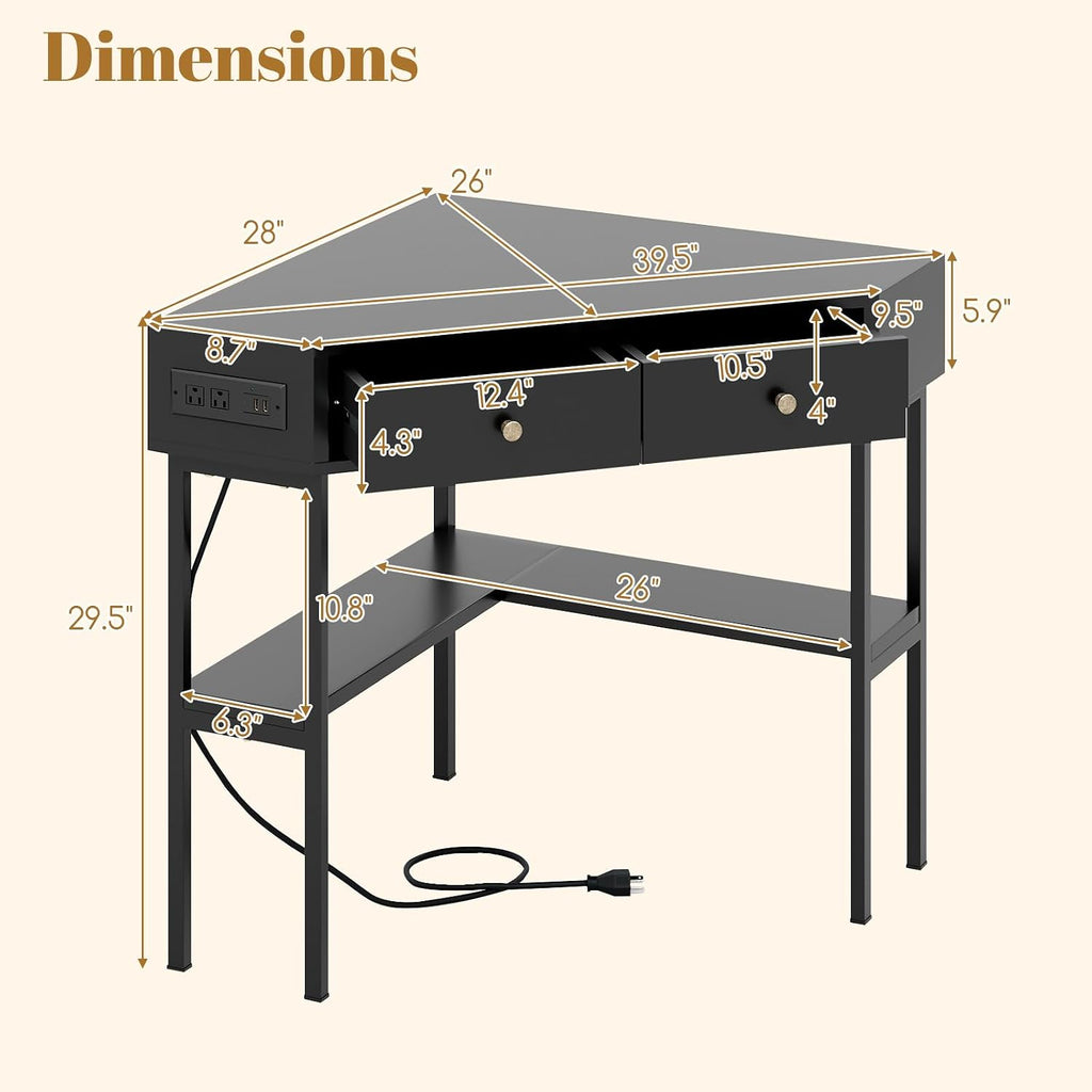 Tangkula Corner Desk with 2 Drawers & Built-in Charging Station, 90 Degrees Triangle Corner Computer Desk for Small Space, Bedroom Makeup Vanity Desk with Storage Shelves, Corner Desk (Black)
