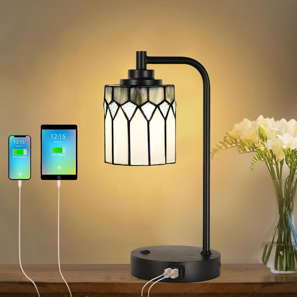 TL0019 Tiffany Table Lamp with 2 USB Charging Ports, Desk Lamp with Geometric Stained Glass Lamp Shade, Retro Nightstand H 14.5' for Bedrooms Office Study, LED Bulbs Included (Grey)