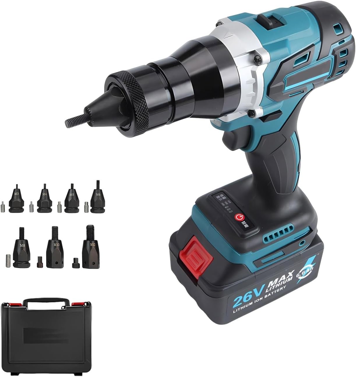 Rivet Nut Gun Set Cordless Rivet Nut Gun Set, Brushless Pop Rivet Insert Installation Tool, 26v 6600mah Battery Powered Rivet Gun for Steel & Aluminum Rivet Nuts(6.6Ah)
