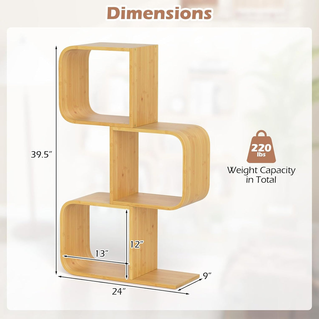 Giantex 3-Tier Bamboo Bookshelf Set of 2, S-Shaped Bookcase with 3 Open Cubes, Geometric Corner Display Shelf, Decorative Storage Organizer, Floor Storage Rack for Living Room, Home Office, Natural