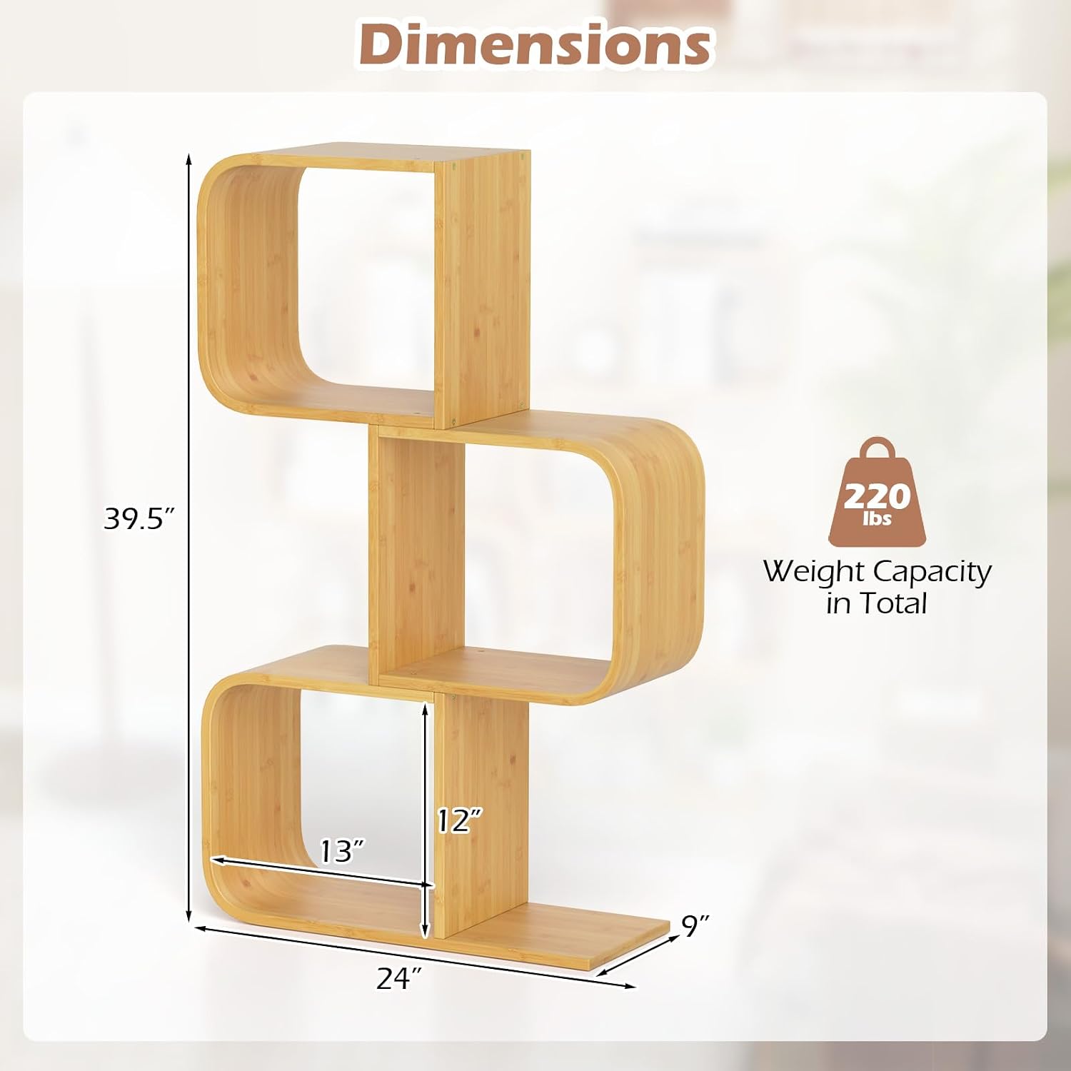 Giantex 3-Tier Bamboo Bookshelf Set of 2, S-Shaped Bookcase with 3 Open Cubes, Geometric Corner Display Shelf, Decorative Storage Organizer, Floor Storage Rack for Living Room, Home Office, Natural