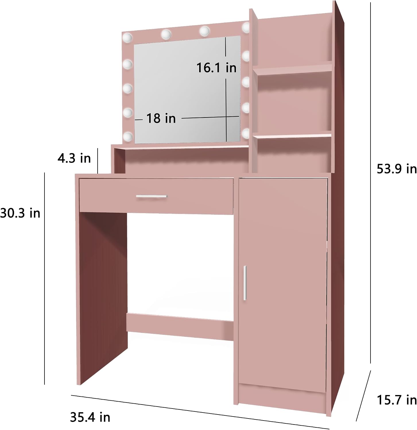 Palimder Vanity Desk with Mirror and Light, Large Drawer and Three Level Storage Dresser, 3 Lighting Modes Adjustable Brightness, Bedroom Dressing Table (Pink)