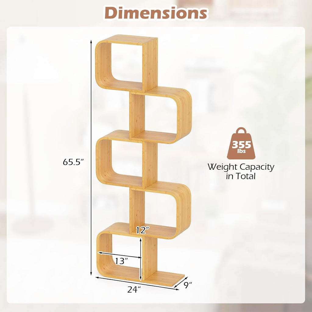 Giantex 5-Tier S-Shaped Bookcase, Bamboo Bookshelf with Open Cubes, Geometric Corner Display Shelf, Decorative Storage Organizer, Floor Storage Rack for Living Room, Home Office, Natural