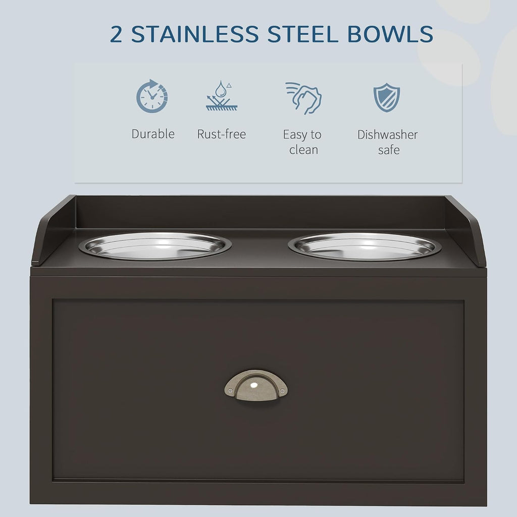 Dog Feeding Station with Storage Drawer, Dog Food Storage Cabinet with 2 Removable Elevated Dog Bowls for Large Sized Dogs, Coffee