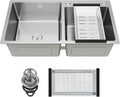31.5x17.7 Inch Drop-in/Topmount Double Bowl Kitchen Sink, Nano-Coated Stainless Steel Kitchen Sink with Drainage Pipes & Fruit Baskets