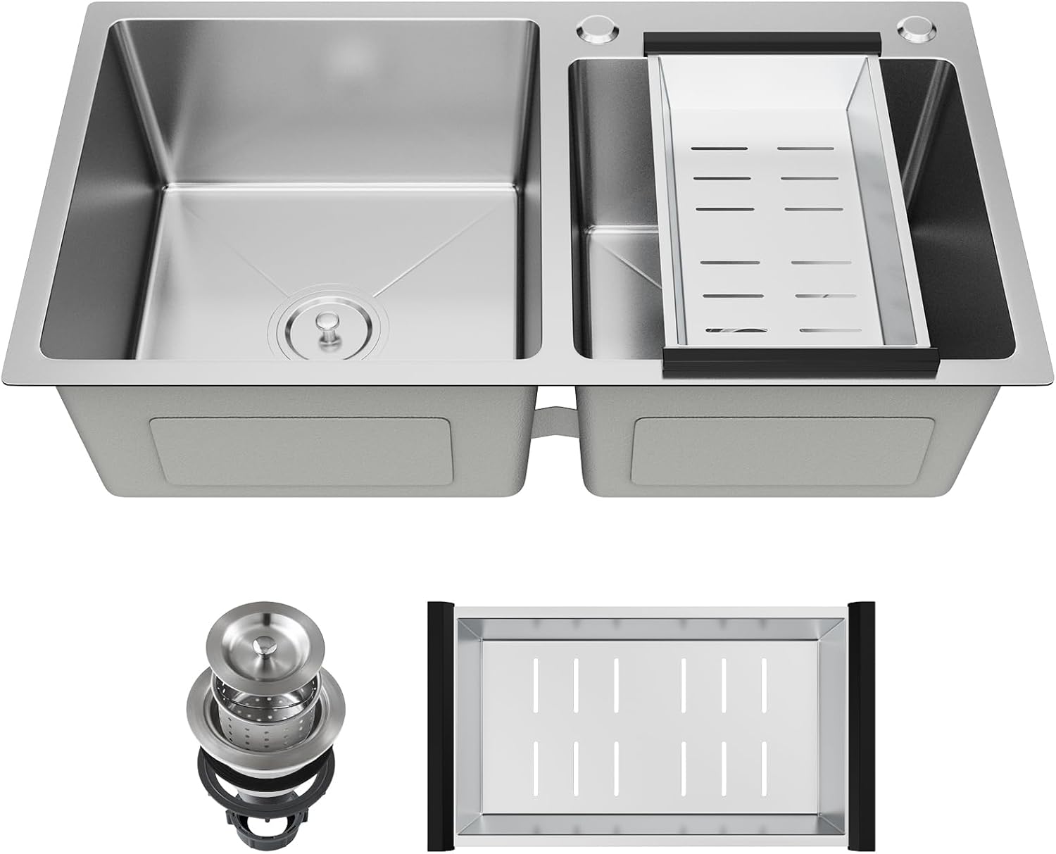 31.5x17.7 Inch Drop-in/Topmount Double Bowl Kitchen Sink, Nano-Coated Stainless Steel Kitchen Sink with Drainage Pipes & Fruit Baskets