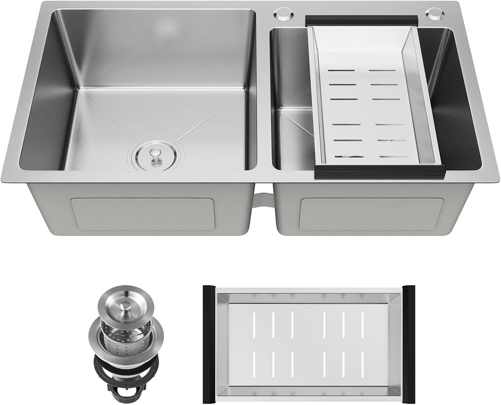 30-inch Kitchen Sink, Double Bowl Drop-in/Top-Mount 304 Stainless Steel with Nano Coating, Includes Drain Assembly & Fruit Basket for Modern Kitchen (30.7' x 16.9')