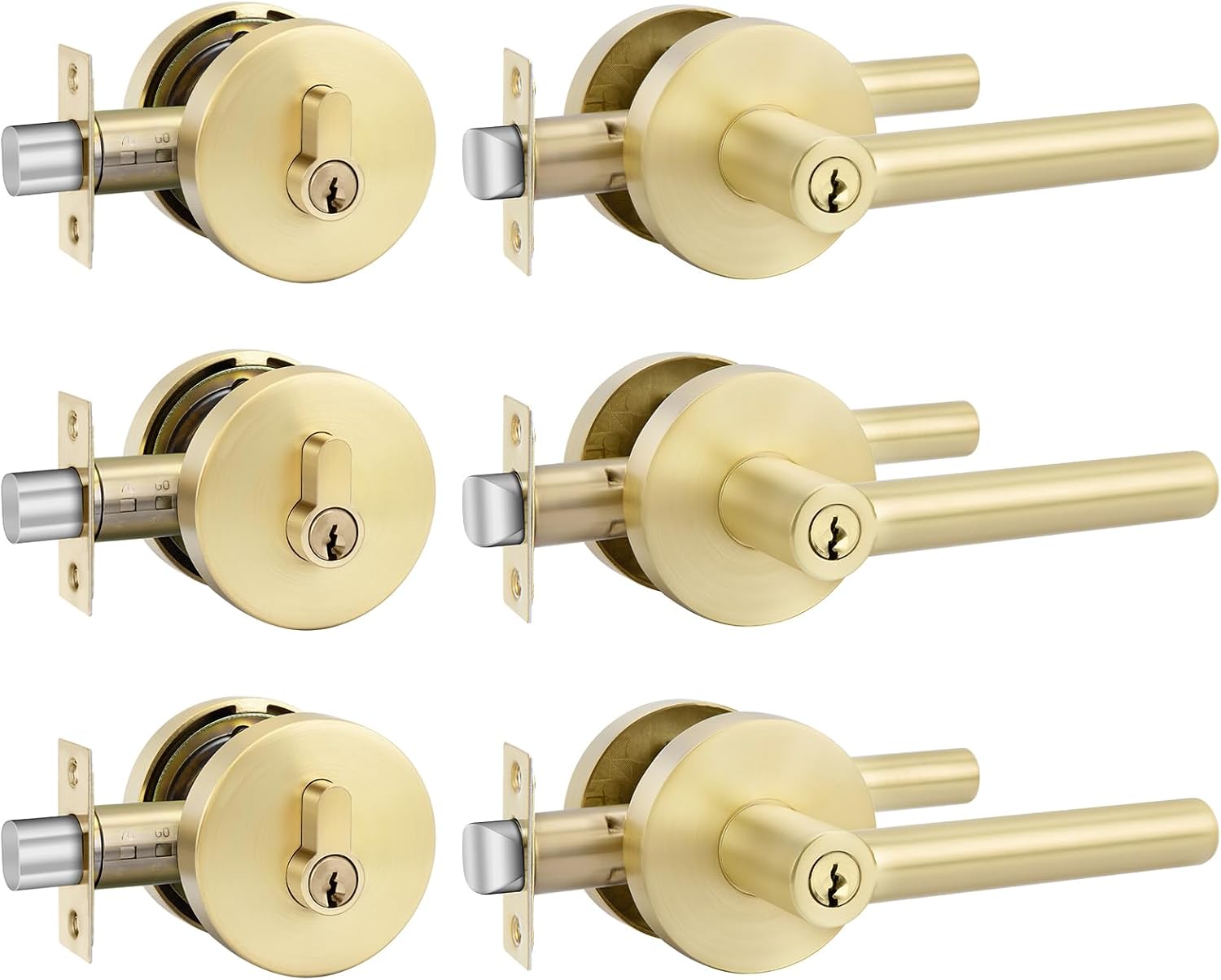 Goldenwarm Exterior Deadbolt and Keyed Entry Door Handle Set, Heavy Duty Zinc Alloy Gold Door Lever, Key Entry Front Brushed Gold Door Handle with Lock and Key(3 Pack)