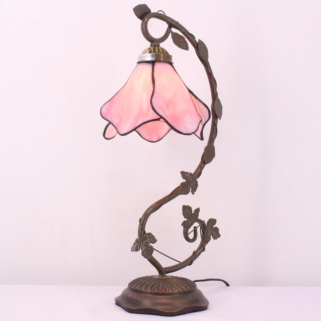 WERFACTORY Tiffany Lamp Pink Stained Glass Table Lamp, Metal Leaf Table Desk Reading Light 8X10X21 Inches Decor Small Space Bedroom Home Office S701 Series